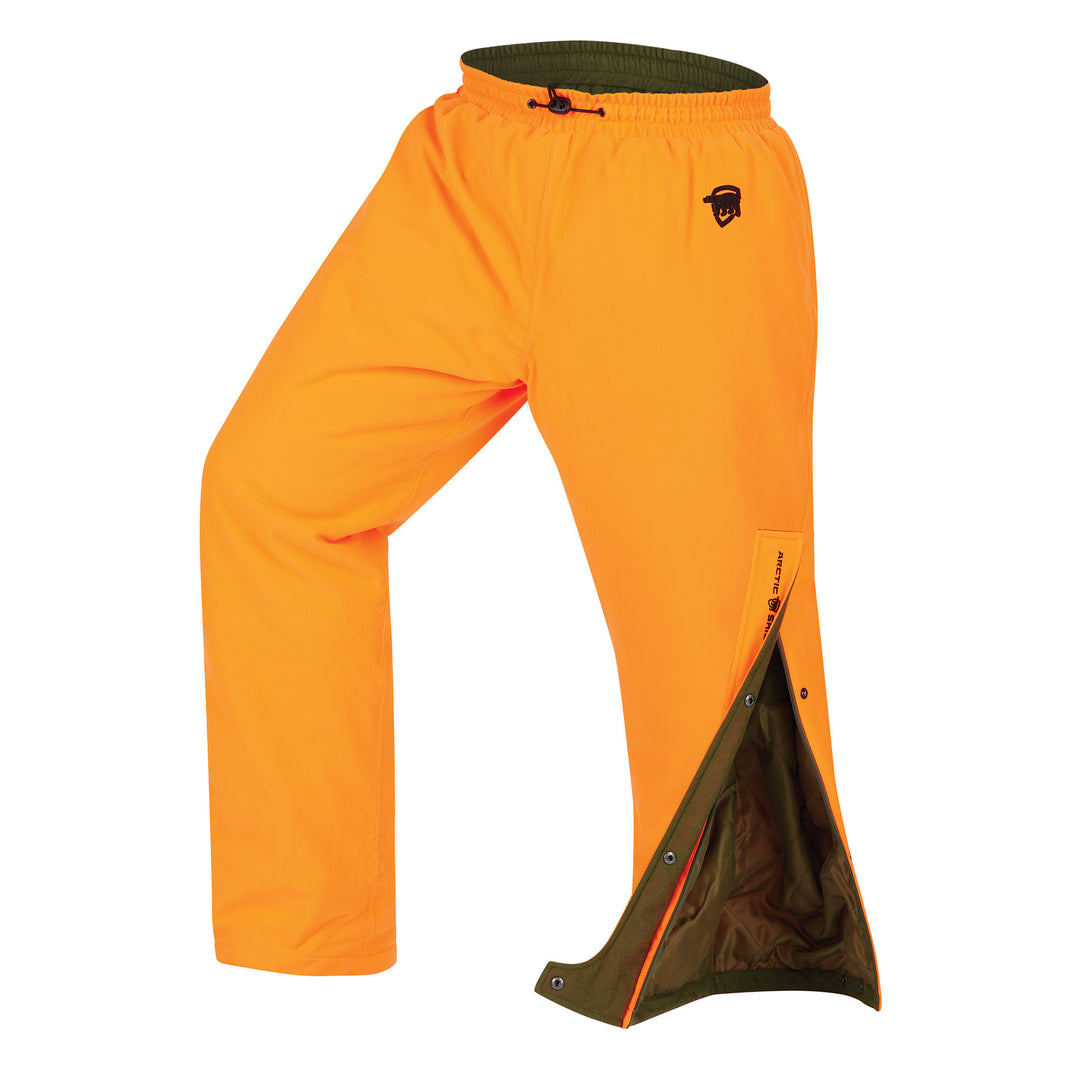 Front view of the Quiet Tech 2.0 Pant Blaze Orange variant with open leg zipper.