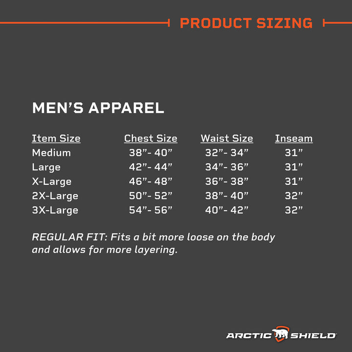 Mens regular fit sizes: M to 3XL for chest, waist, inseam.