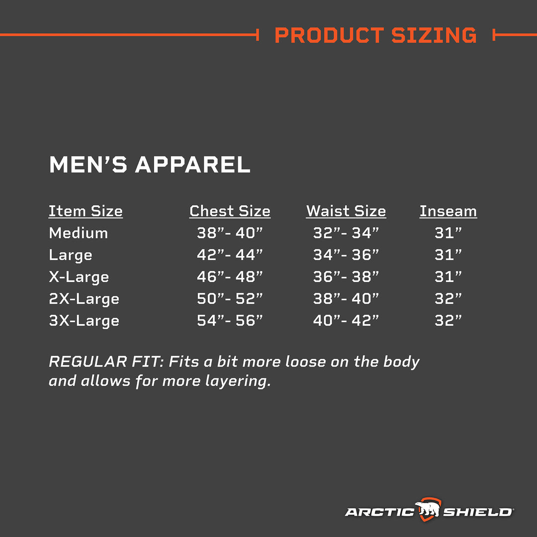 Mens regular fit sizes: M to 3XL for chest, waist, inseam.