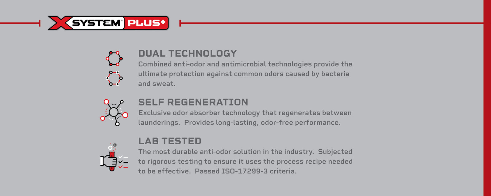 Diagram for X-System Plus with text about dual technology, self-regeneration, and lab testing on a gray background.